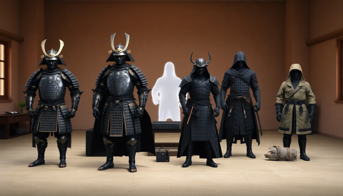 Display of various armor types from Ghost of Tsushima.