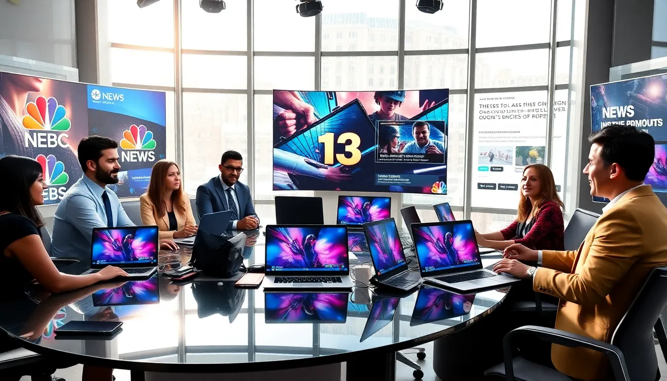 journalists in a modern newsroom covering video gaming news.