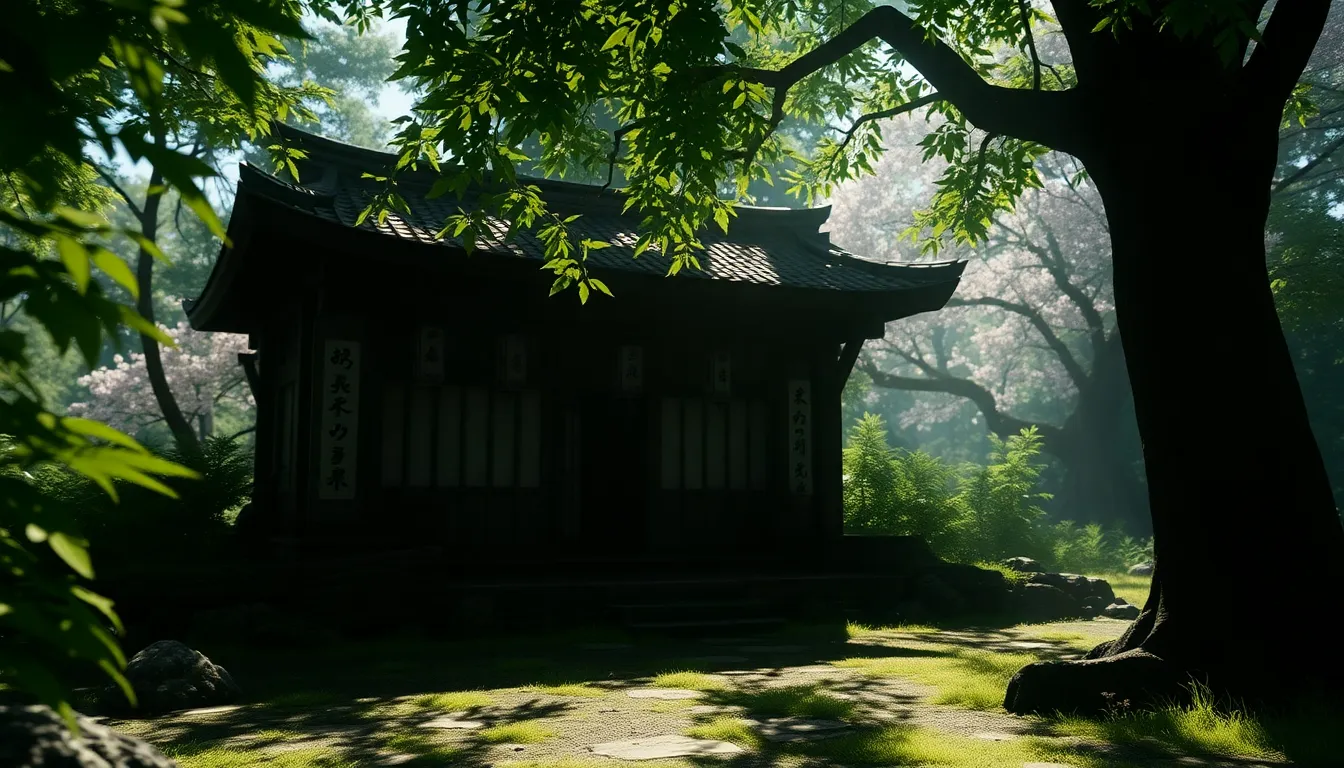 Hidden altar in a serene forest setting inspired by feudal Japan.