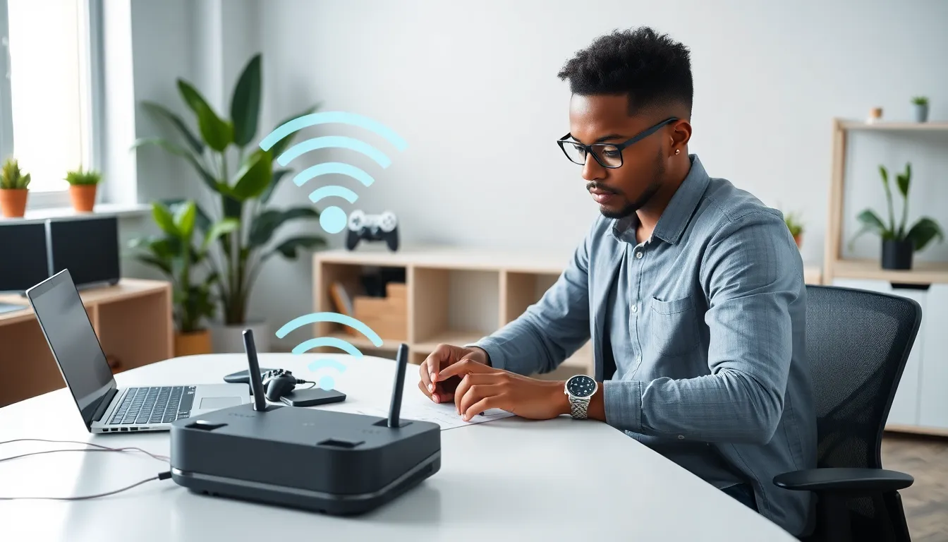 a person troubleshooting a Steam Deck in a modern office.