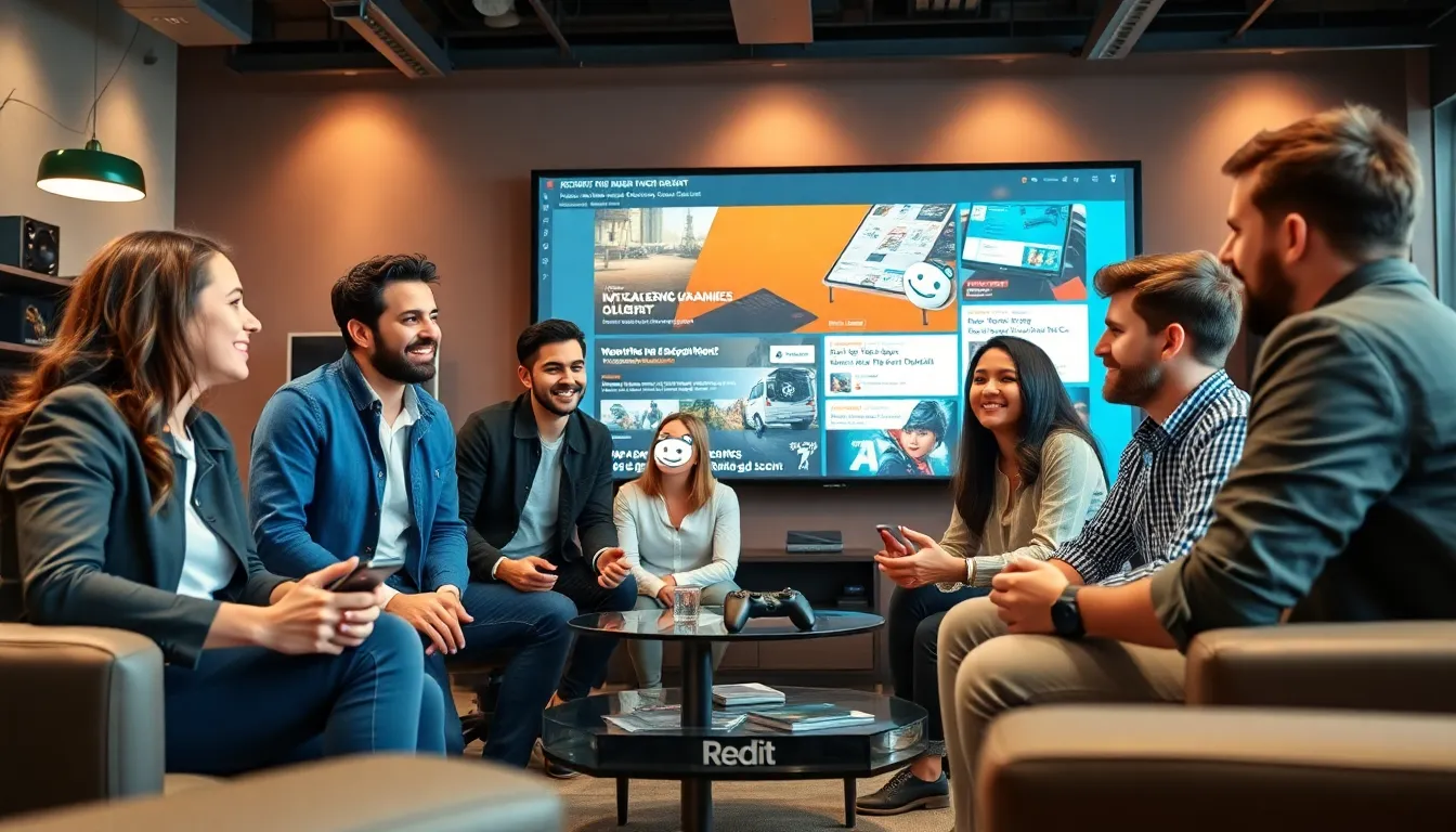 diverse team discussing gaming news in a modern workspace.