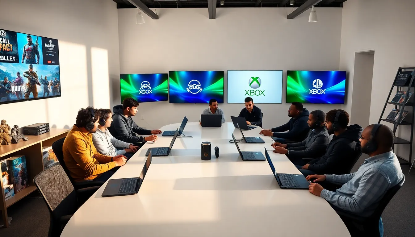 diverse group of gamers discussing trends in a modern studio.