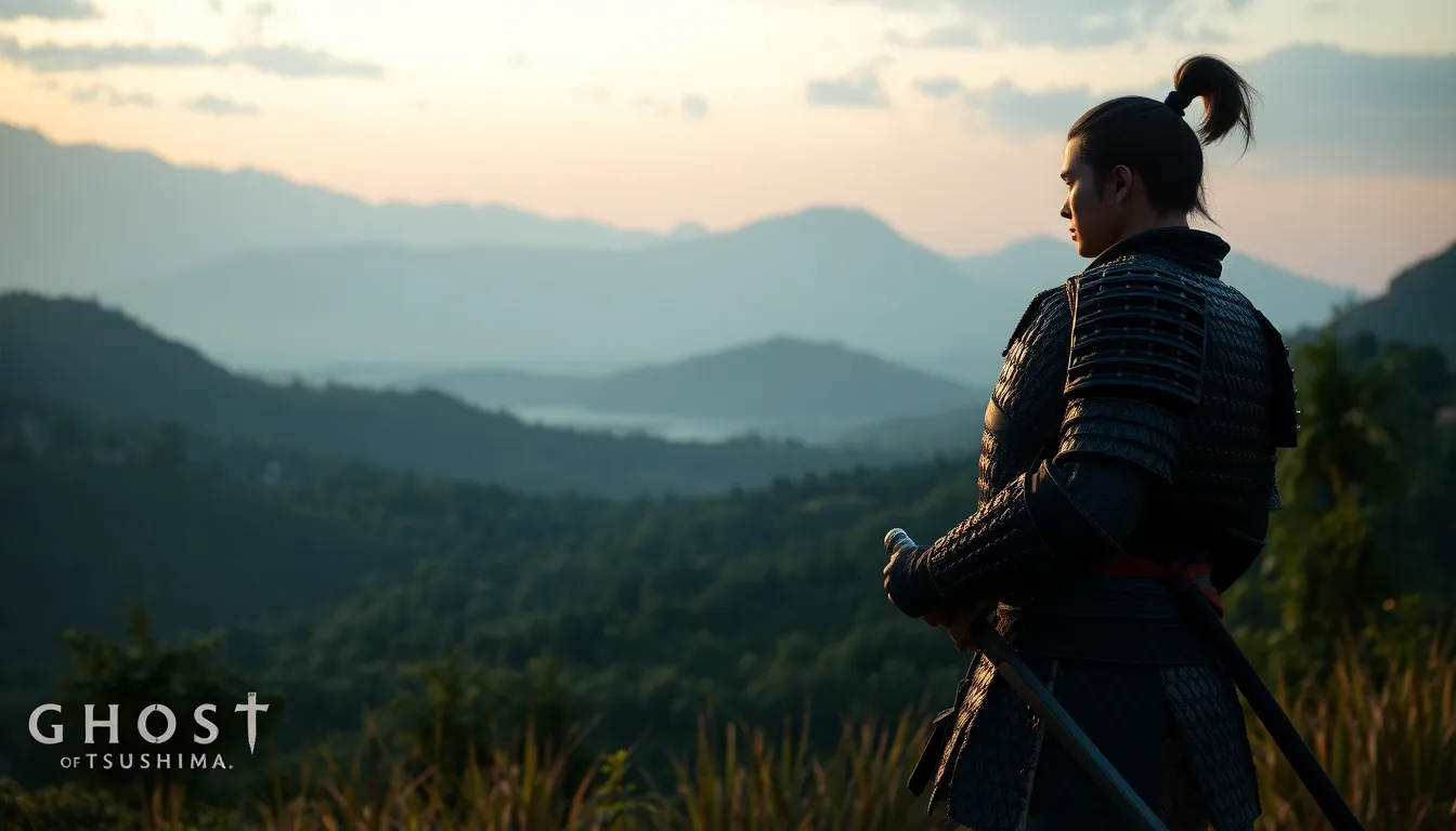 Jin Sakai standing as a samurai in a serene landscape.