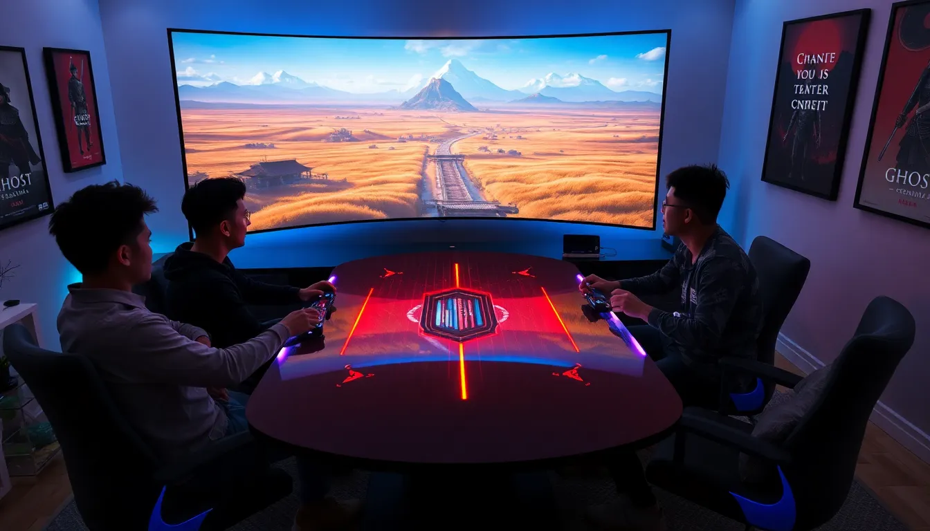 diverse gamers playing Ghost of Tsushima in a modern setup.