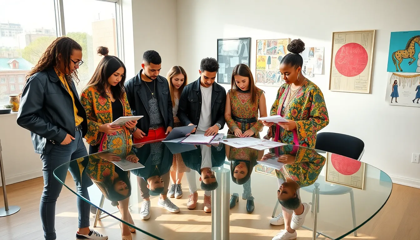 diverse fashion designers collaborating in a modern workspace.
